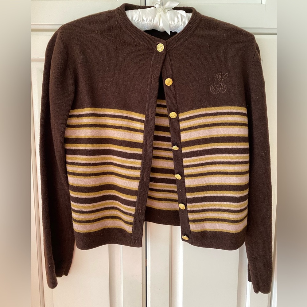 Guy Laroche cropped sweater Cardigan wool Paris vintage Brown stripes size S